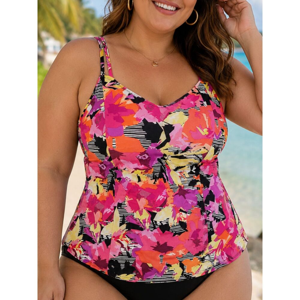 Upstream Floral Tankini Swim Top Size 16 Pink Orange Tummy Control Swimwear